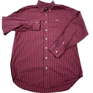 Vineyard Vines Shirt Men Medium Red Blue Button Up Plaid Whale Poplin Dress A17*